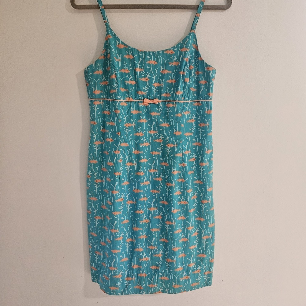 VTG Lilly Pulitzer 10 Sleeveless Turquoise Fish‎ Shift Dress Milkmaid Bow Pink